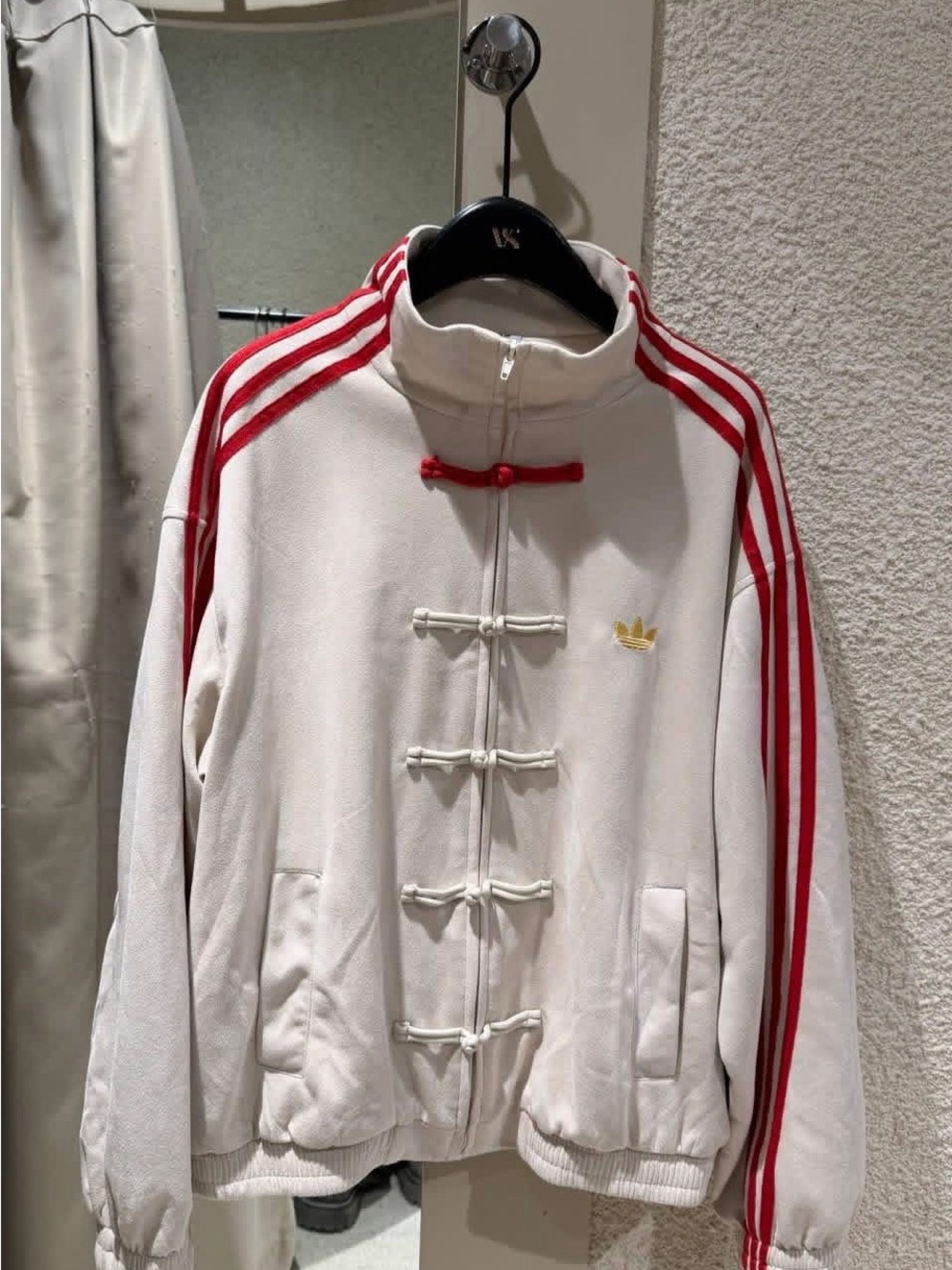 adidas White Jacket with Red Shoulder Stripes and Gold Trefoil